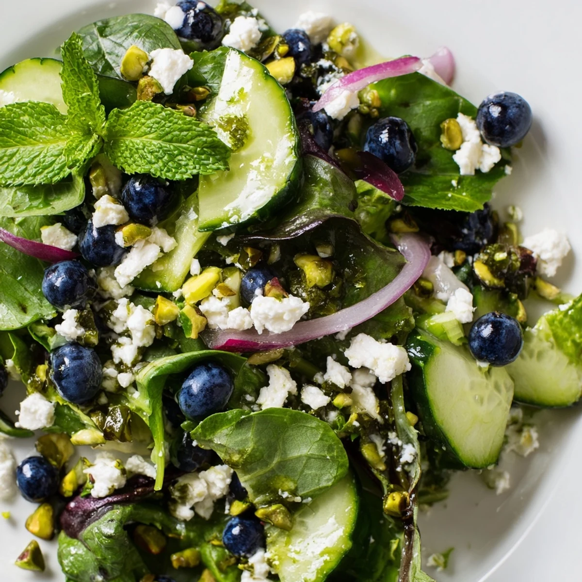Blueberry Pistachio Spring Salad topped with crumbled feta and fresh mint leaves