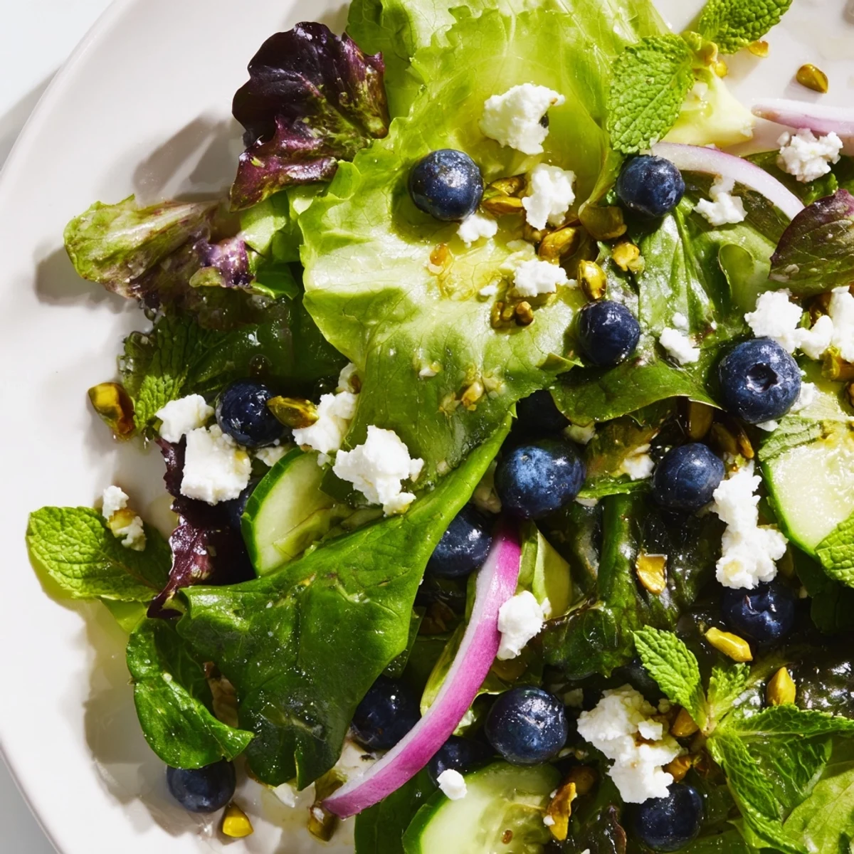 A vibrant Blueberry Pistachio Spring Salad drizzled with zesty lemon honey vinaigrette dressing