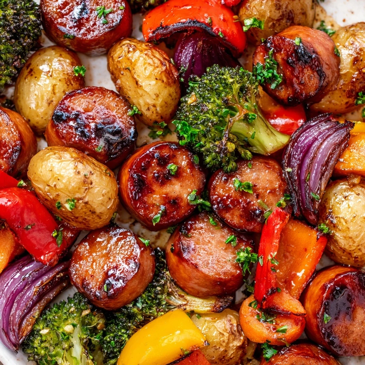 One Pan Honey Garlic Kielbasa Veggies roasted golden on a sheet pan with colorful crisp-tender broccoli and peppers