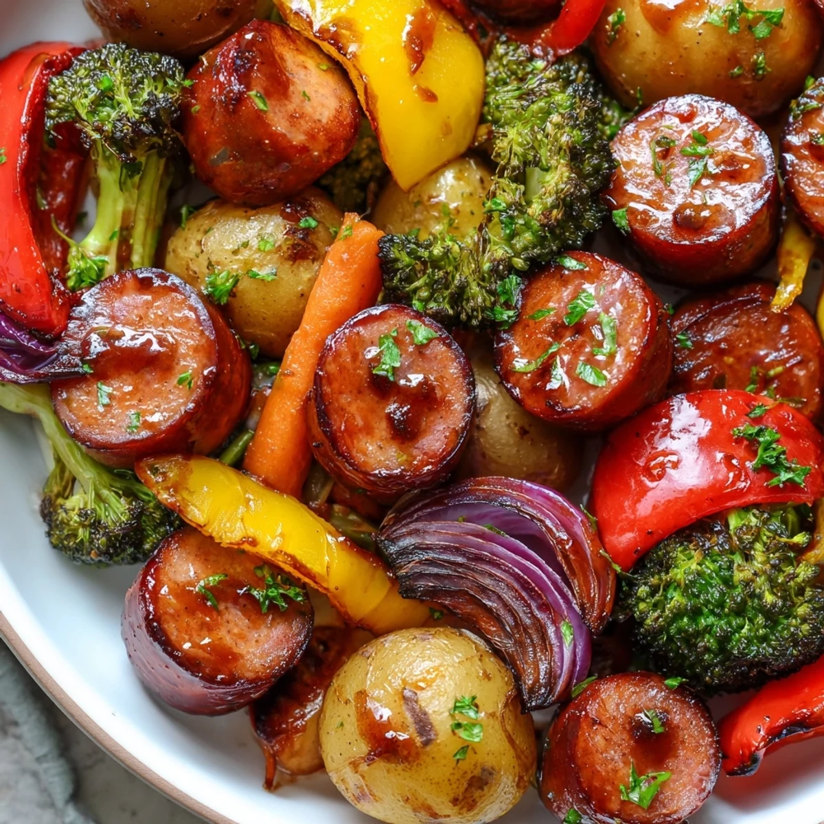 Glistening honey garlic kielbasa slices nestled among caramelized roasted vegetables on a parchment-lined baking sheet