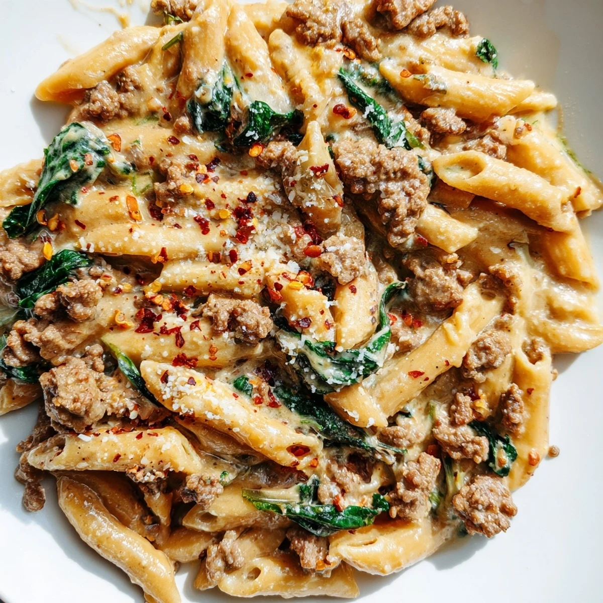 Creamy high protein beef pasta topped with Parmesan in a white ceramic bowl