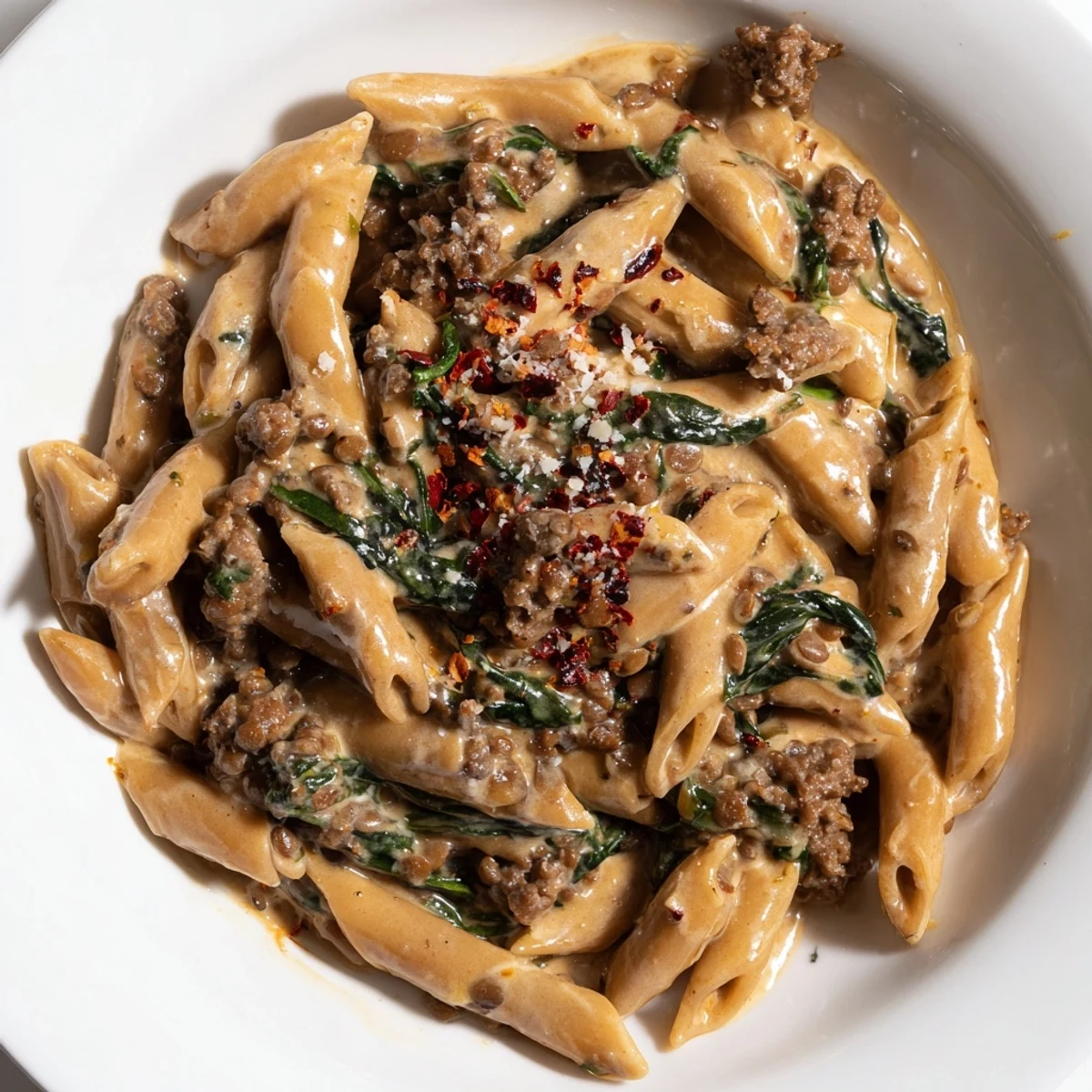 Tender beef and spinach tossed through creamy high protein beef pasta sauce