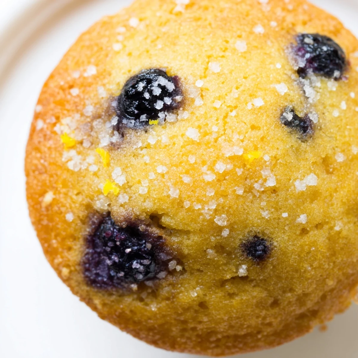 Golden lemon blueberry muffins topped with sparkling sugar on a rustic wooden board