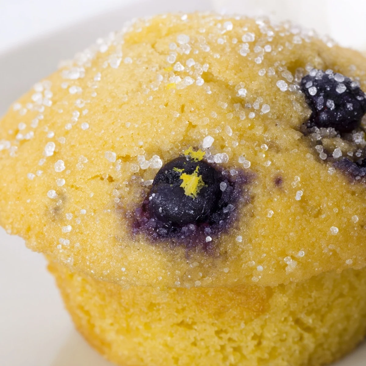 Moist lemon blueberry muffins bursting with fresh berries and topped with coarse sugar