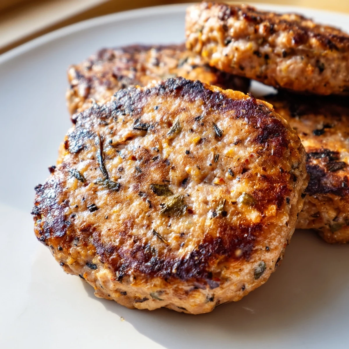 Golden brown ground turkey sausage patties sizzling in a cast iron skillet with aromatic herbs