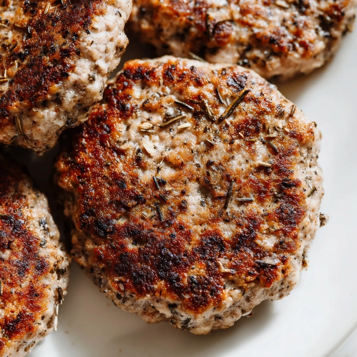 Seasoned ground turkey sausage shaped into perfectly round breakfast patties on a white ceramic plate