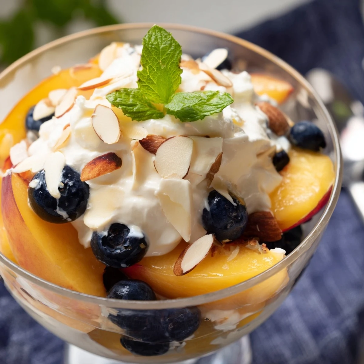 Creamy peaches and cream salad topped with fresh mint in a glass bowl