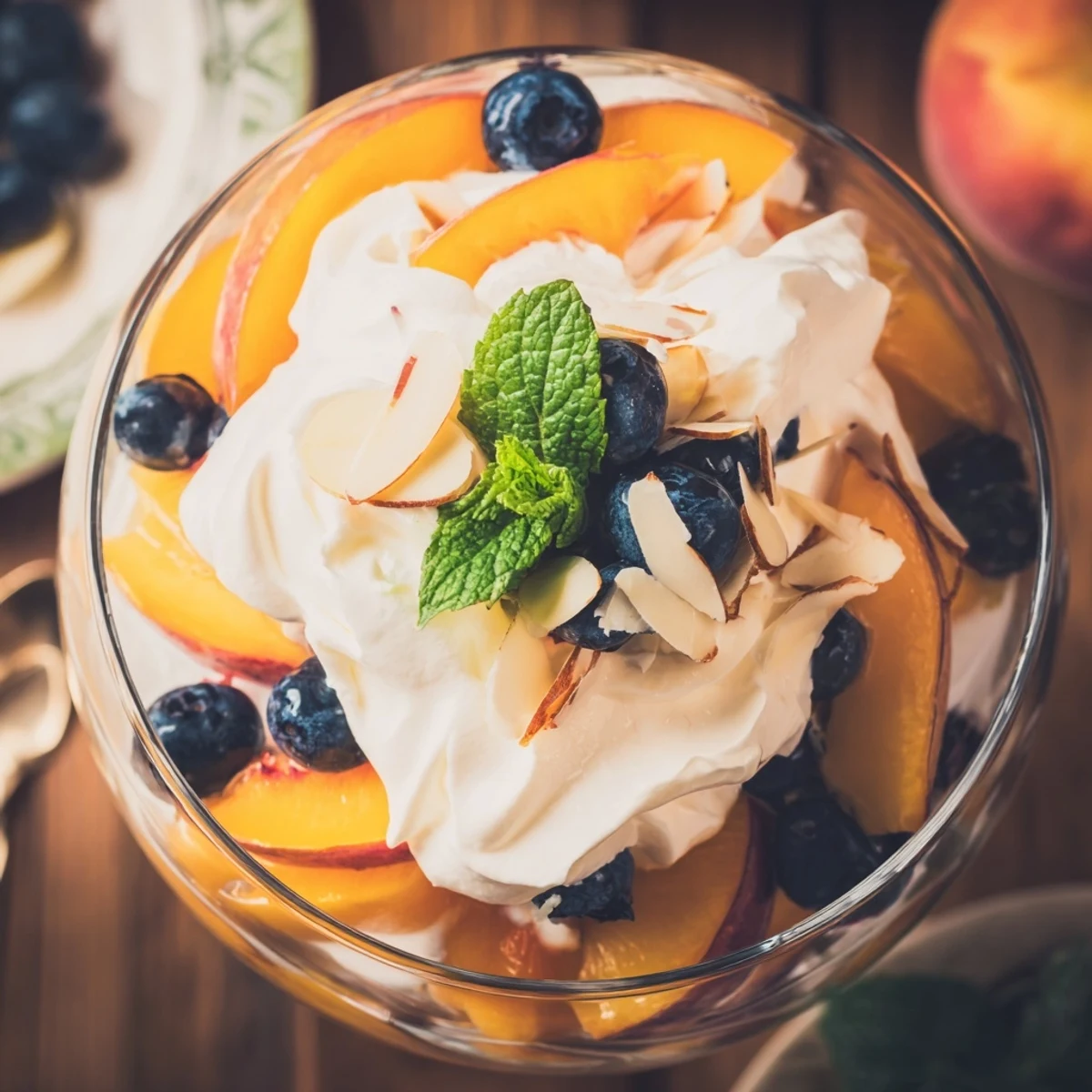 Slices of juicy ripe peaches layered with fluffy whipped cream and blueberries