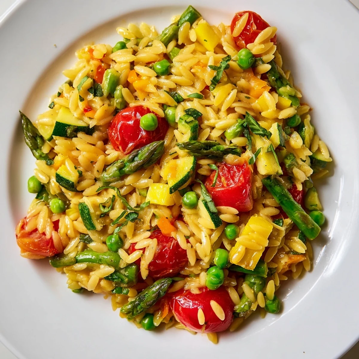 Colorful orzo primavera with tender spring vegetables in a light lemon Parmesan sauce