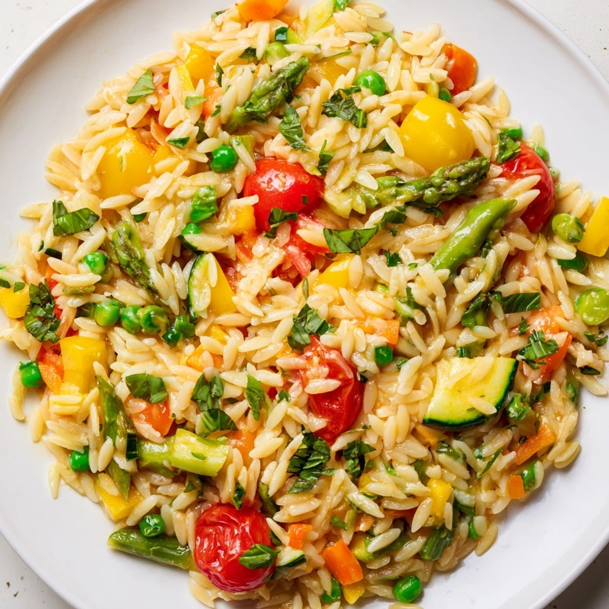 Creamy orzo primavera studded with vibrant cherry tomatoes, asparagus, and fresh basil