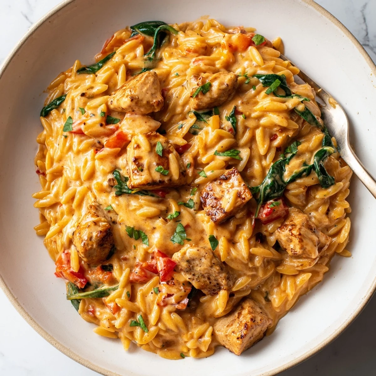 Creamy One Pot Cajun Chicken Alfredo Orzo served steaming in a rustic skillet with fresh parsley garnish