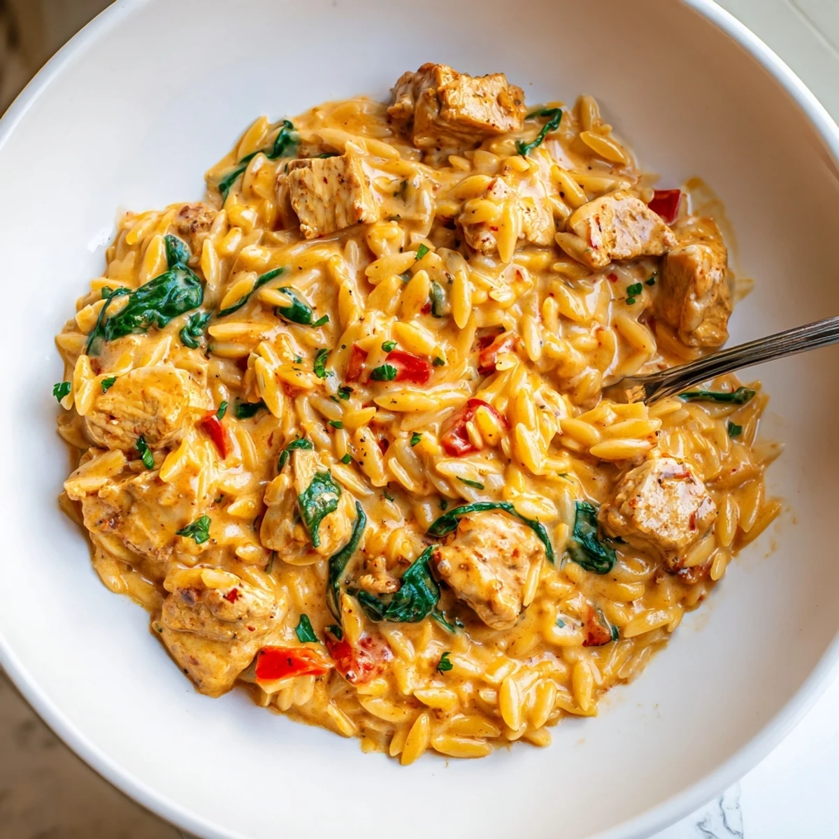 Tender seared chicken and orzo coated in spicy Cajun Alfredo sauce with melted Parmesan and bell peppers