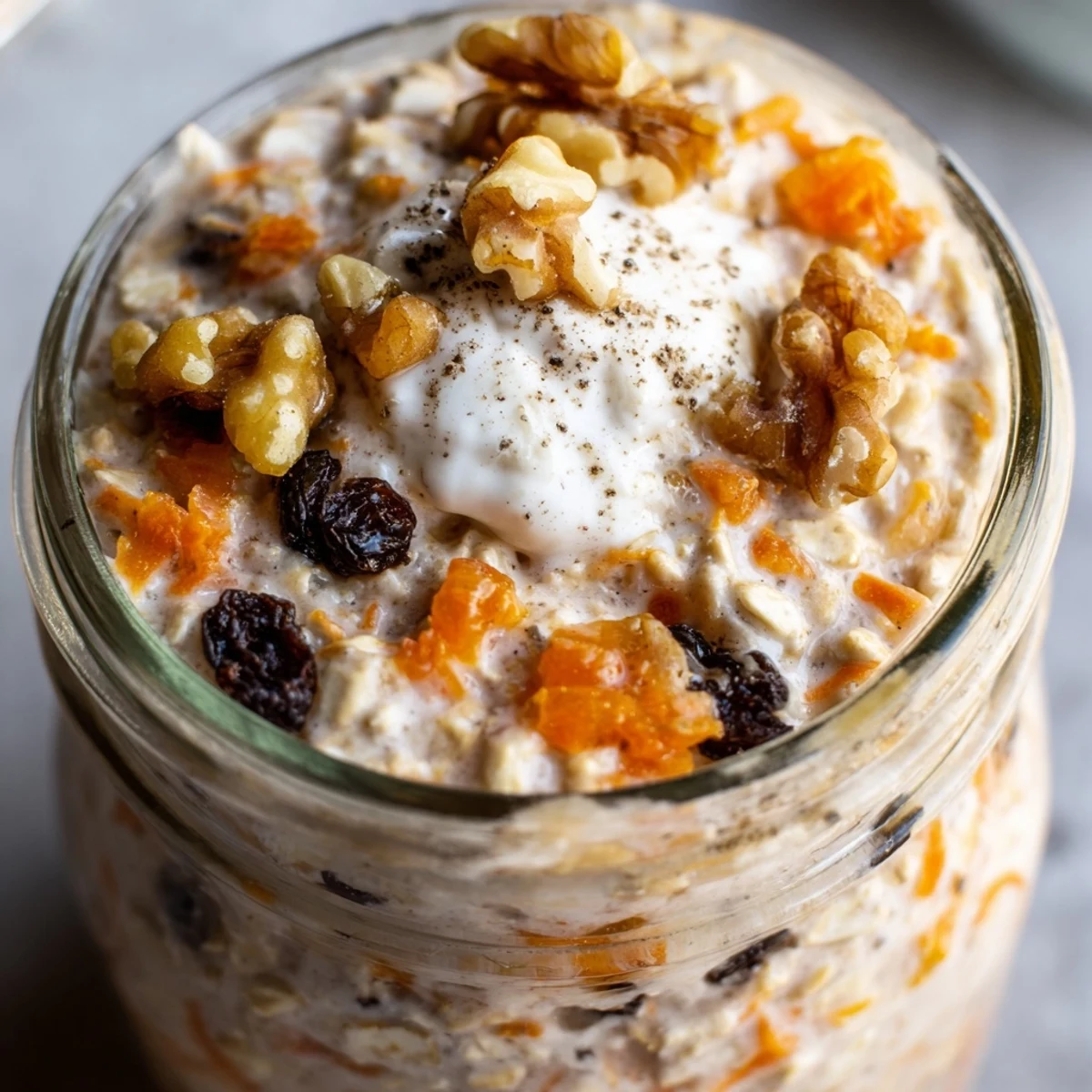 Creamy carrot cake overnight oats topped with chopped walnuts and a maple drizzle