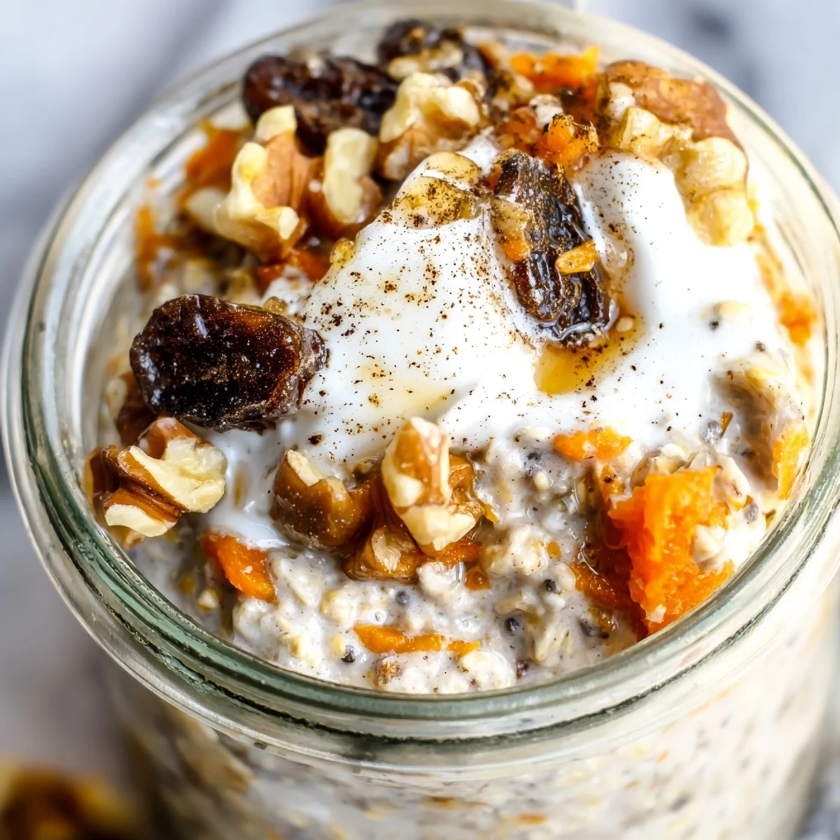 Thick spiced carrot cake overnight oats layered in a mason jar with raisins