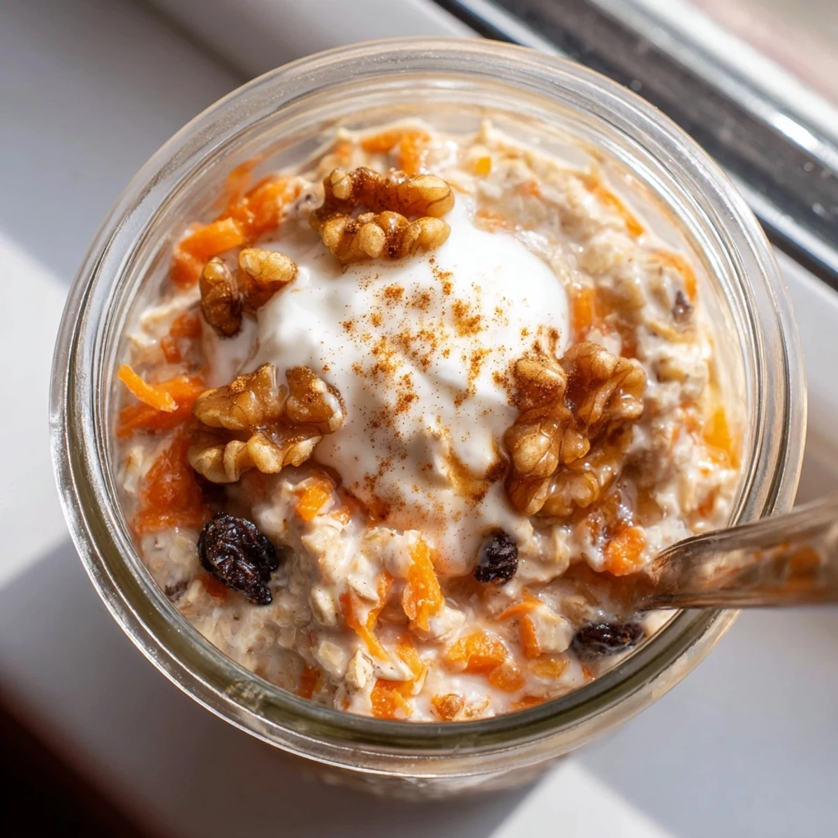 Golden carrot cake overnight oats served chilled with Greek yogurt and fresh grated carrots