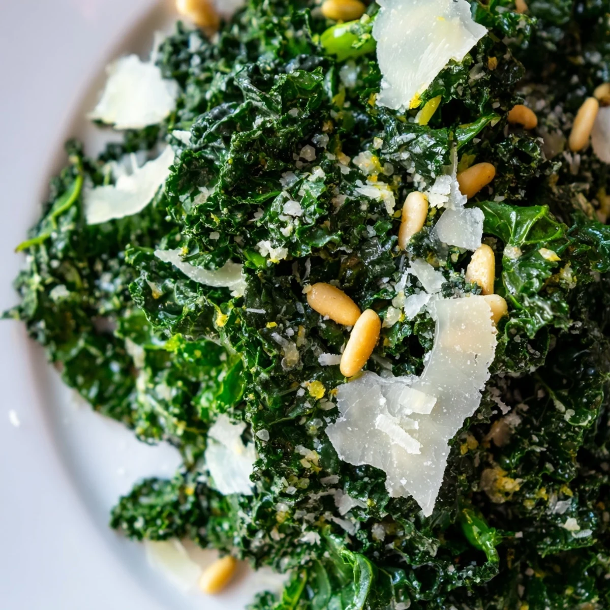 Massaged kale leaves glistening with zesty garlic lemon dressing and sprinkled with Parmesan
