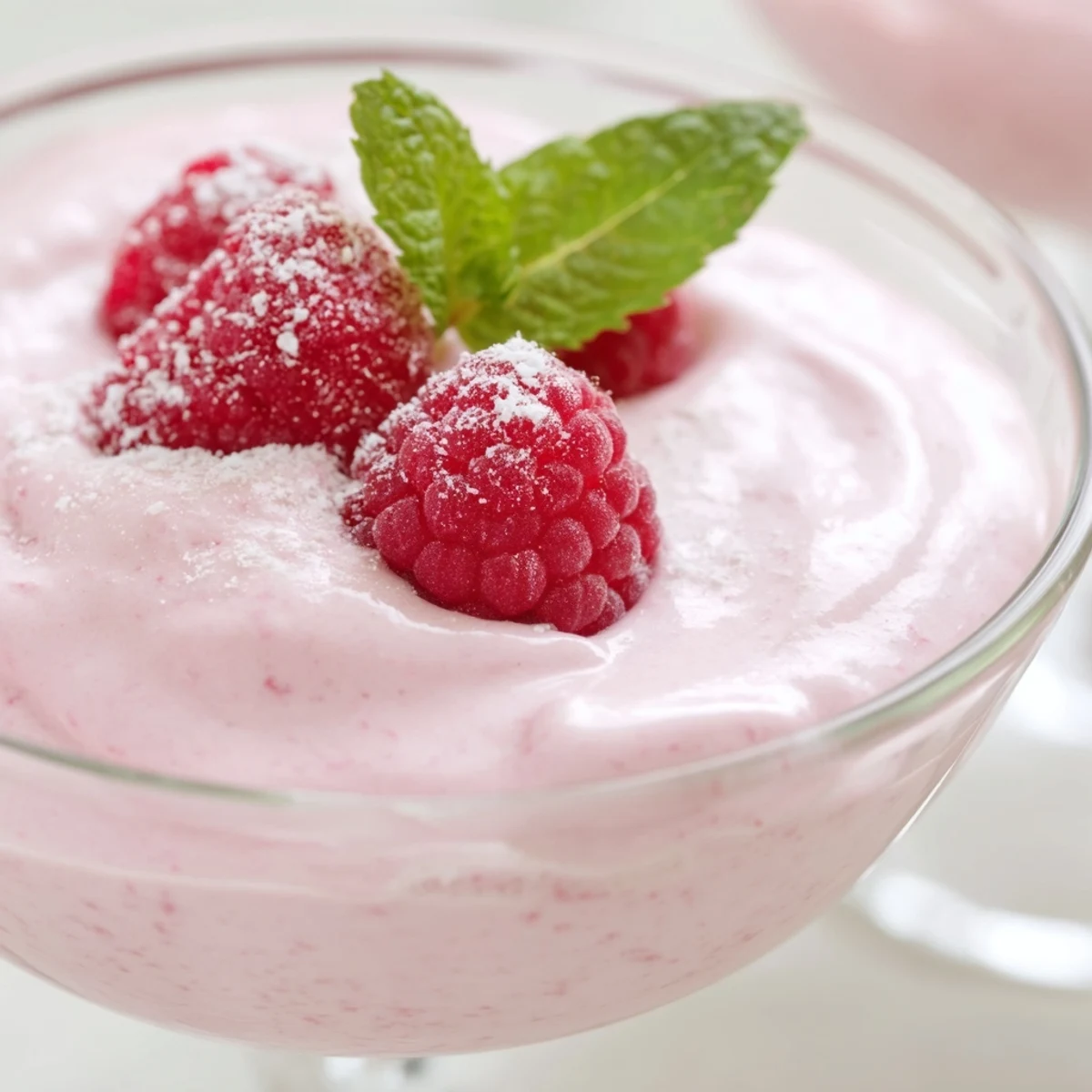 Creamy Fresh Raspberry Cloud Mousse in elegant glass cups topped with bright berries