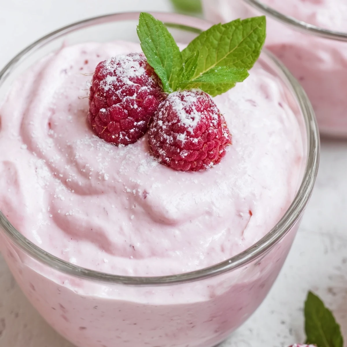 Pink Fresh Raspberry Cloud Mousse with airy whipped texture served in dessert glasses