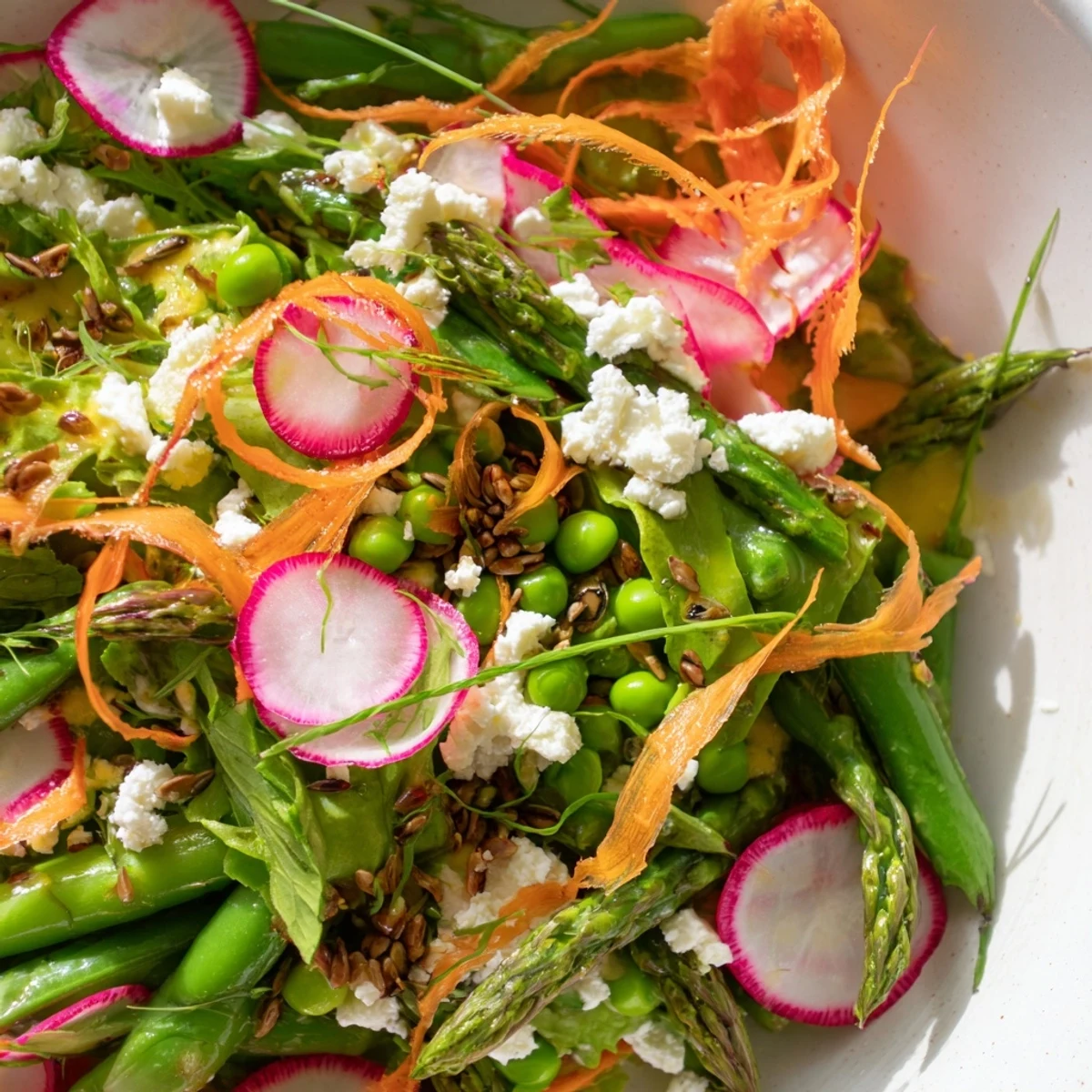 Bright Spring Salad with crisp asparagus radishes and citrus vinaigrette in wooden bowl