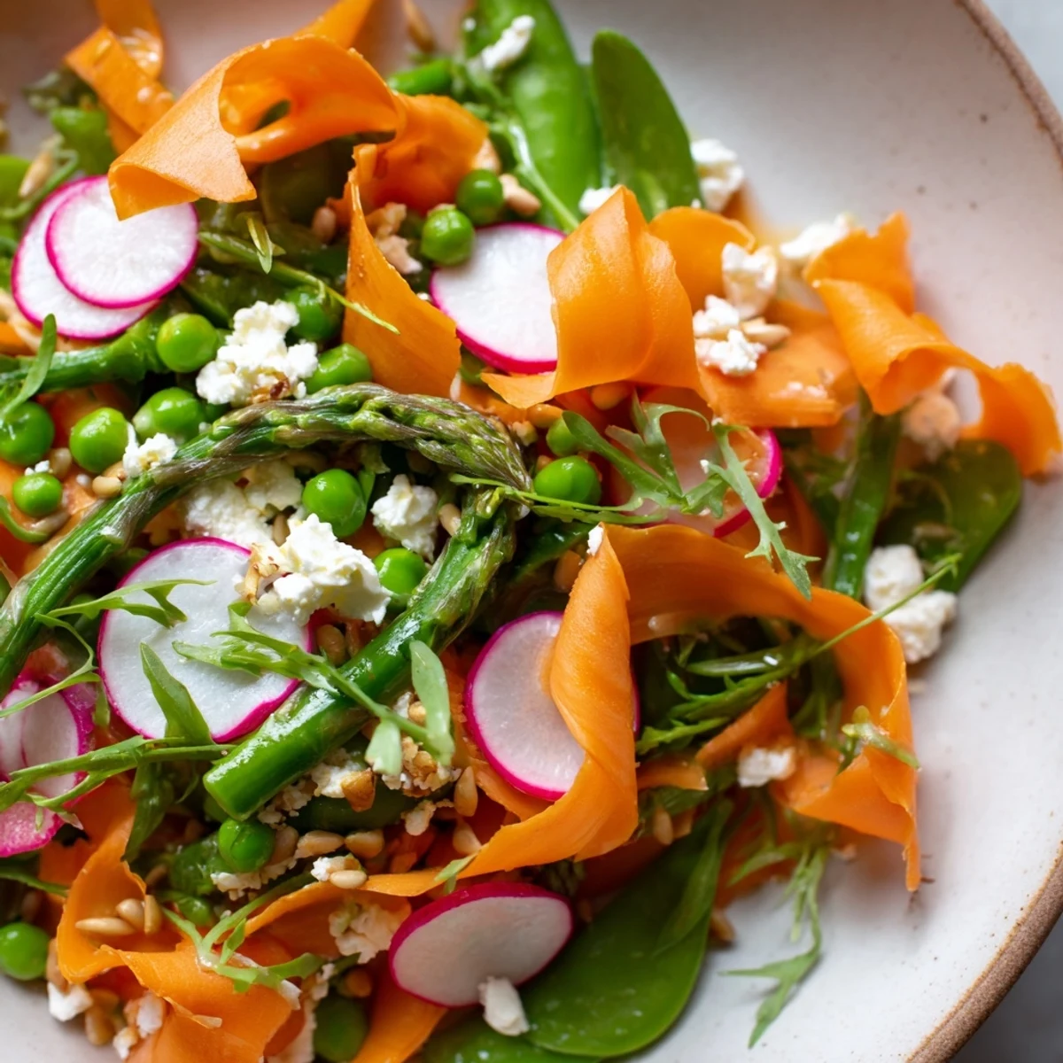 Fresh Bright Spring Salad featuring tender greens carrot ribbons and lemon dressing