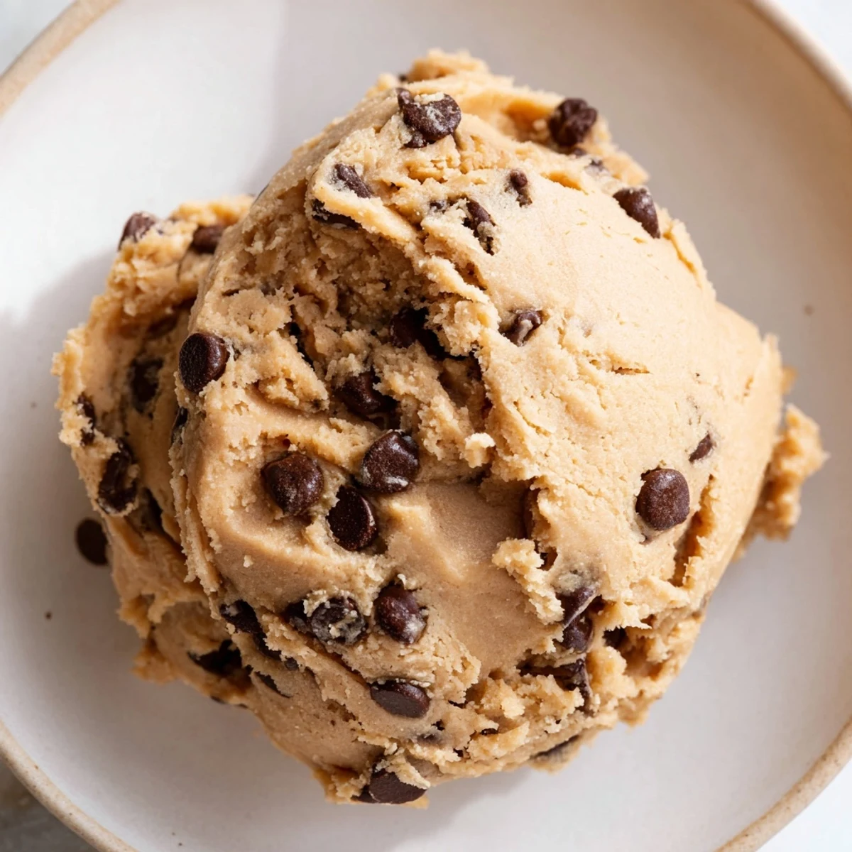 Creamy chocolate chip cookie dough scooped into balls with mini chocolate chips throughout