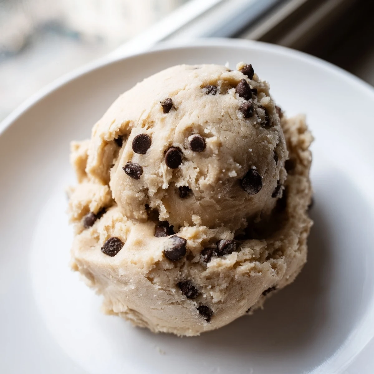 Edible chocolate chip cookie dough in a bowl ready for snacking or dessert