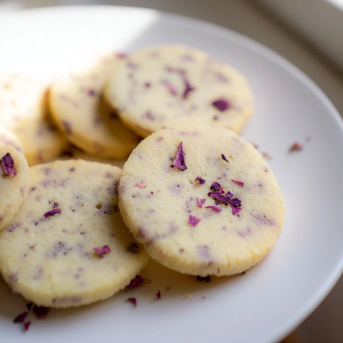 Soft lilac sugar cookies with pale purple edges cooling on a wire rack