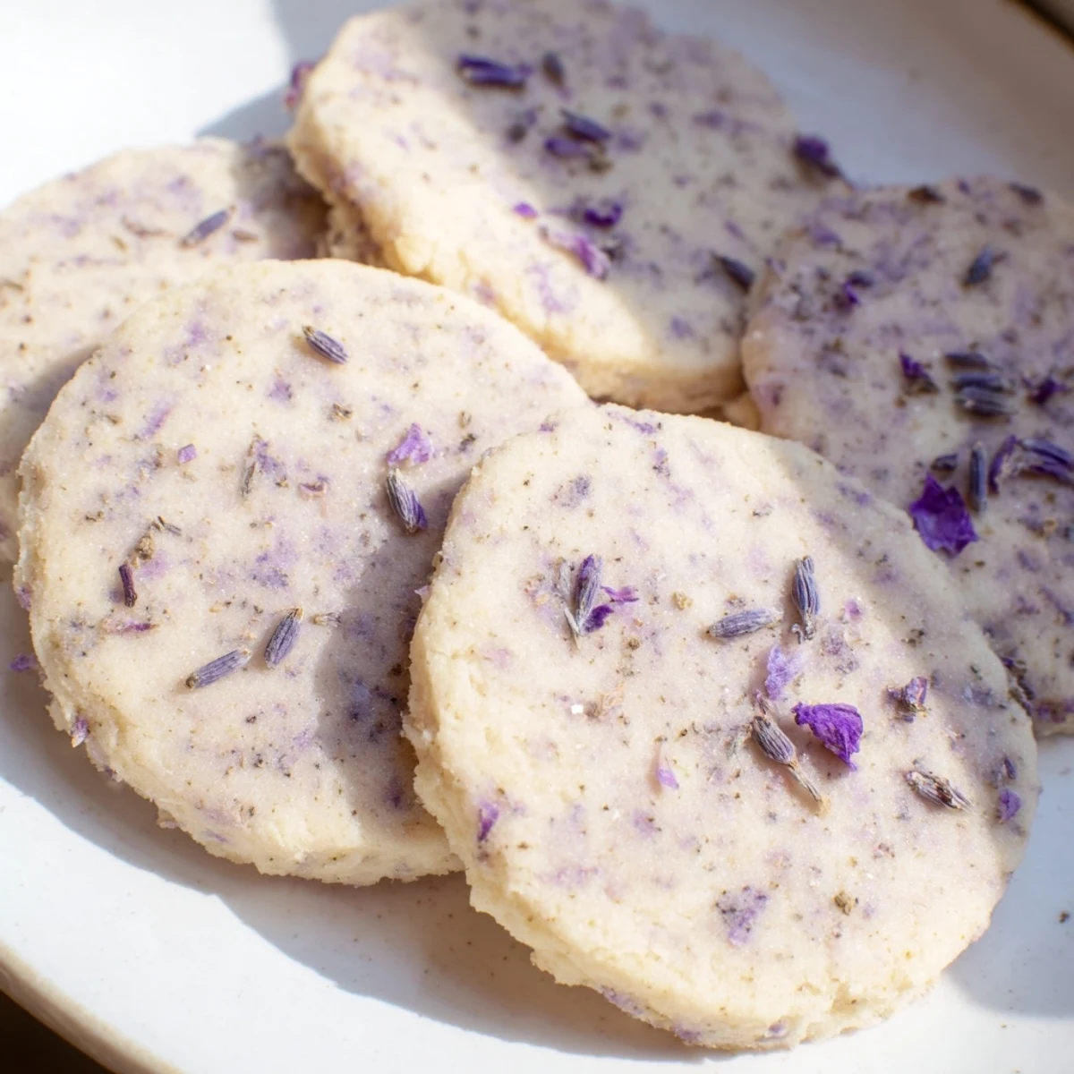 Buttery lilac sugar cookies arranged on a rustic white ceramic serving plate