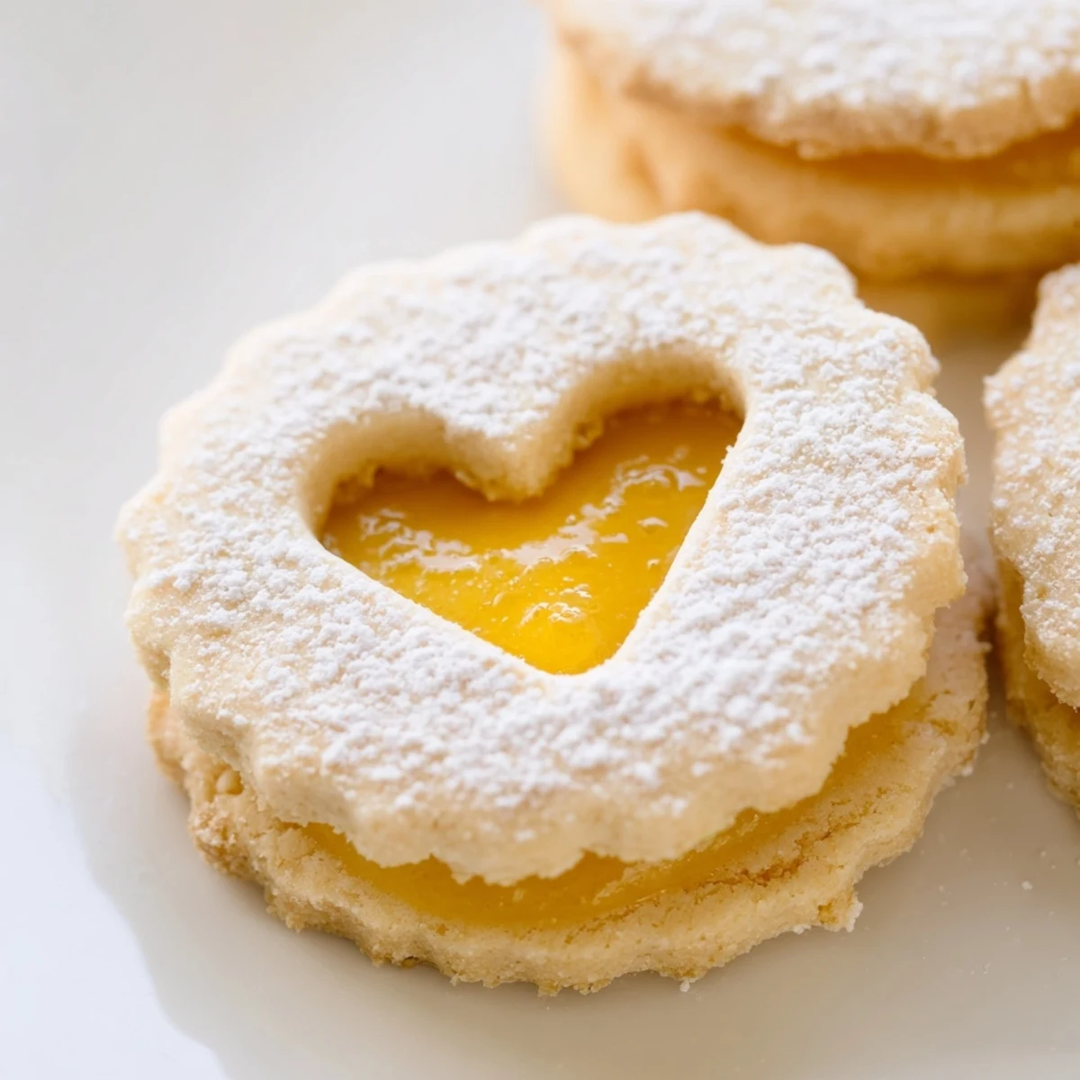 Meyer Lemon Curd Linzer Cookies with powdered sugar dusting and peekaboo cutout centers