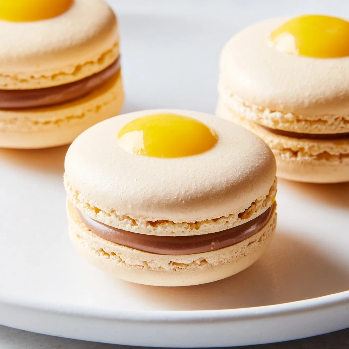 Cadbury Egg macarons with smooth chocolate filling and yellow yolk center on white plate