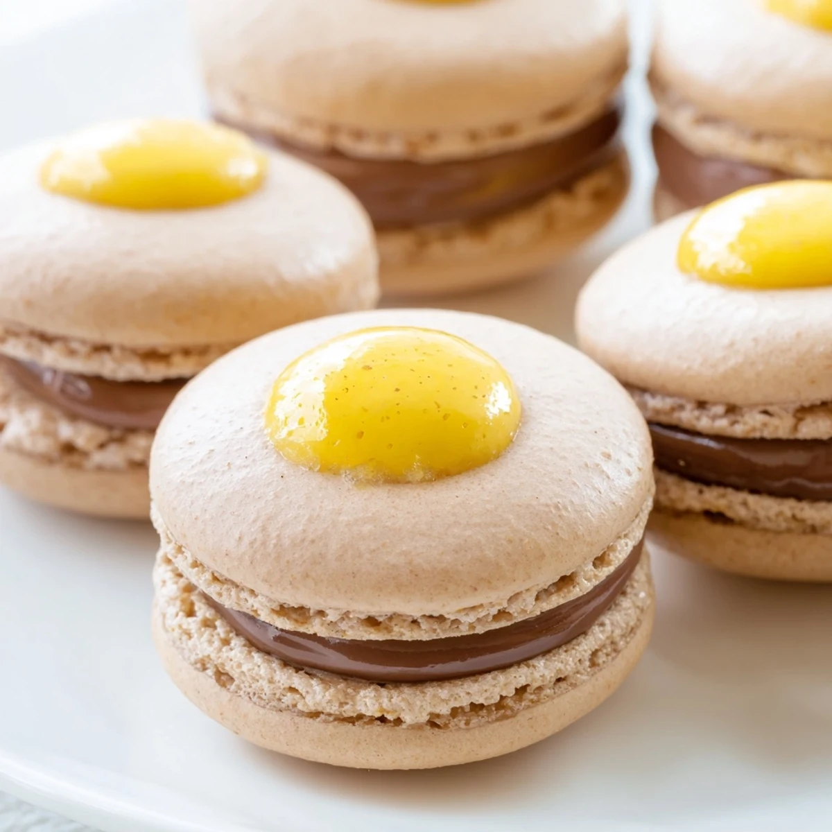 Colorful Easter macarons inspired by Cadbury Creme Eggs arranged on decorative serving platter