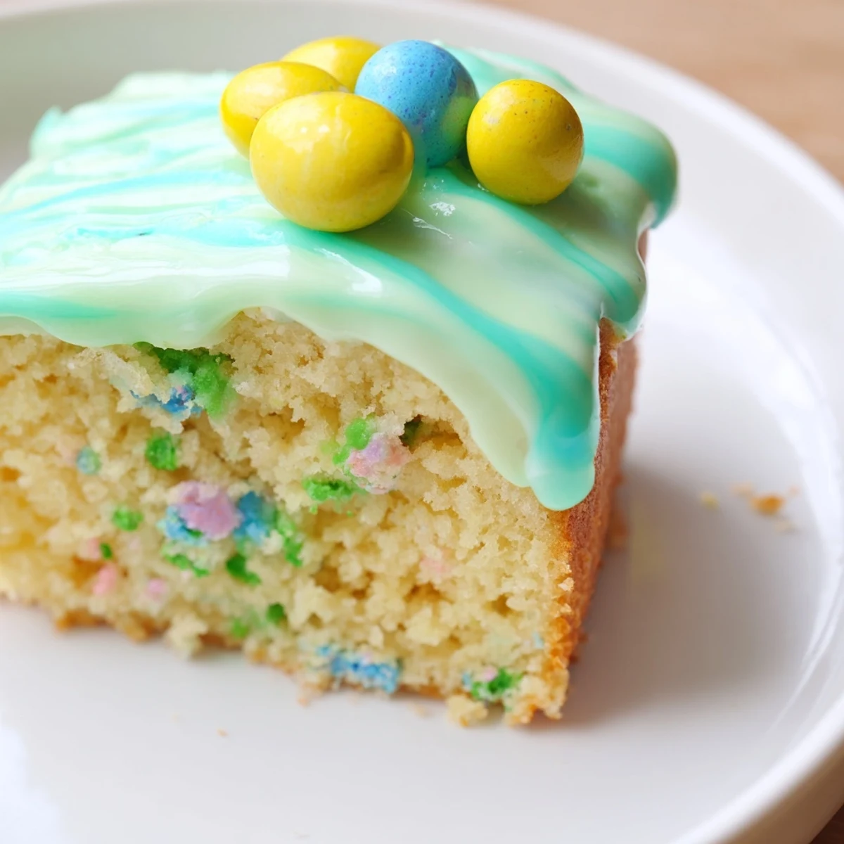 Robin egg snack cake with pastel glaze drizzled over a tender vanilla crumb