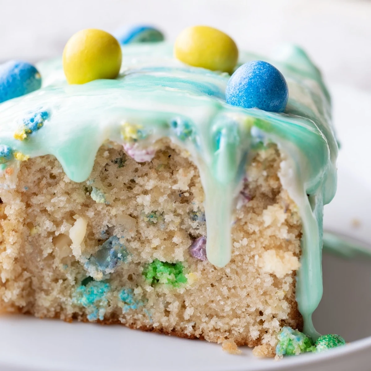 Soft vanilla robin egg snack cake topped with speckled candy-coated chocolate eggs