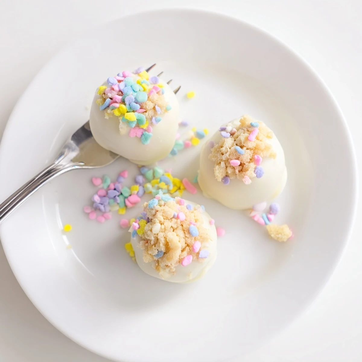 Creamy Banana Pudding Easter Truffles coated in white chocolate with colorful spring sprinkles