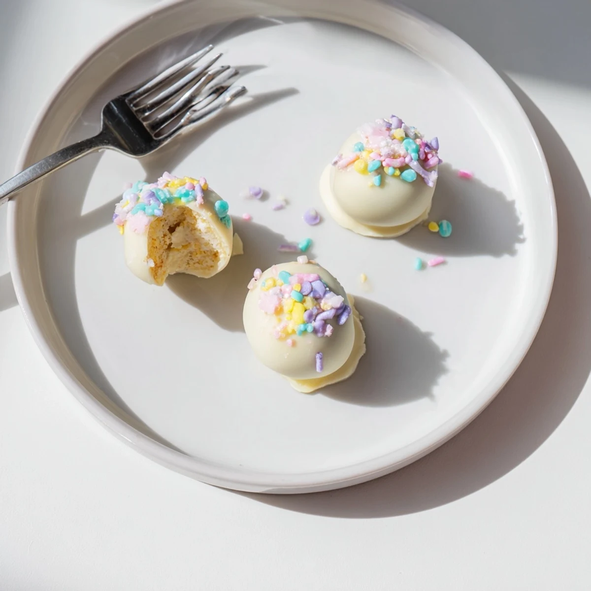Golden vanilla wafer crumbs peek through smooth Banana Pudding Easter Truffles on a serving plate