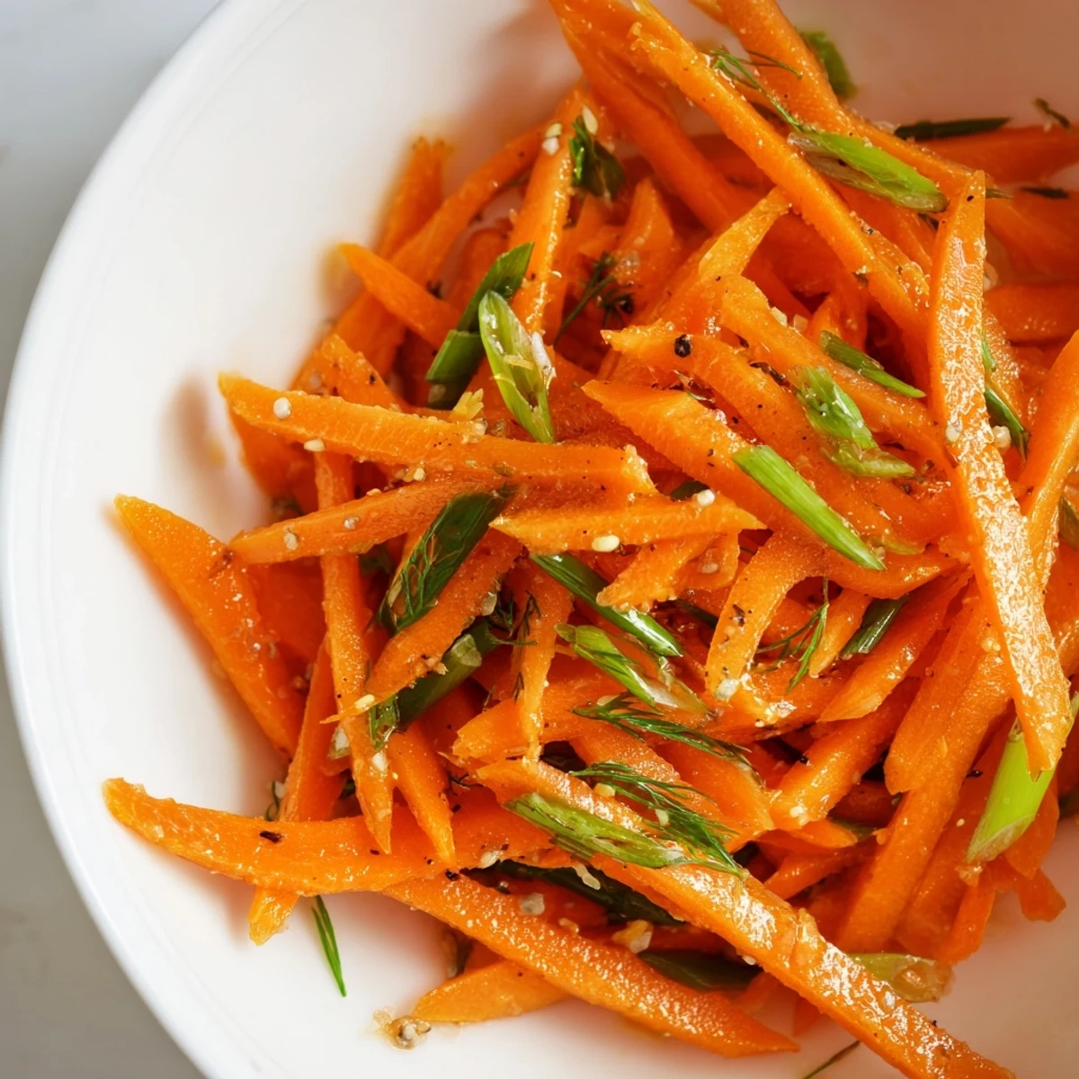Crisp julienned carrots tossed in zesty Marinated Lemon Dill Carrot Salad with fresh herbs