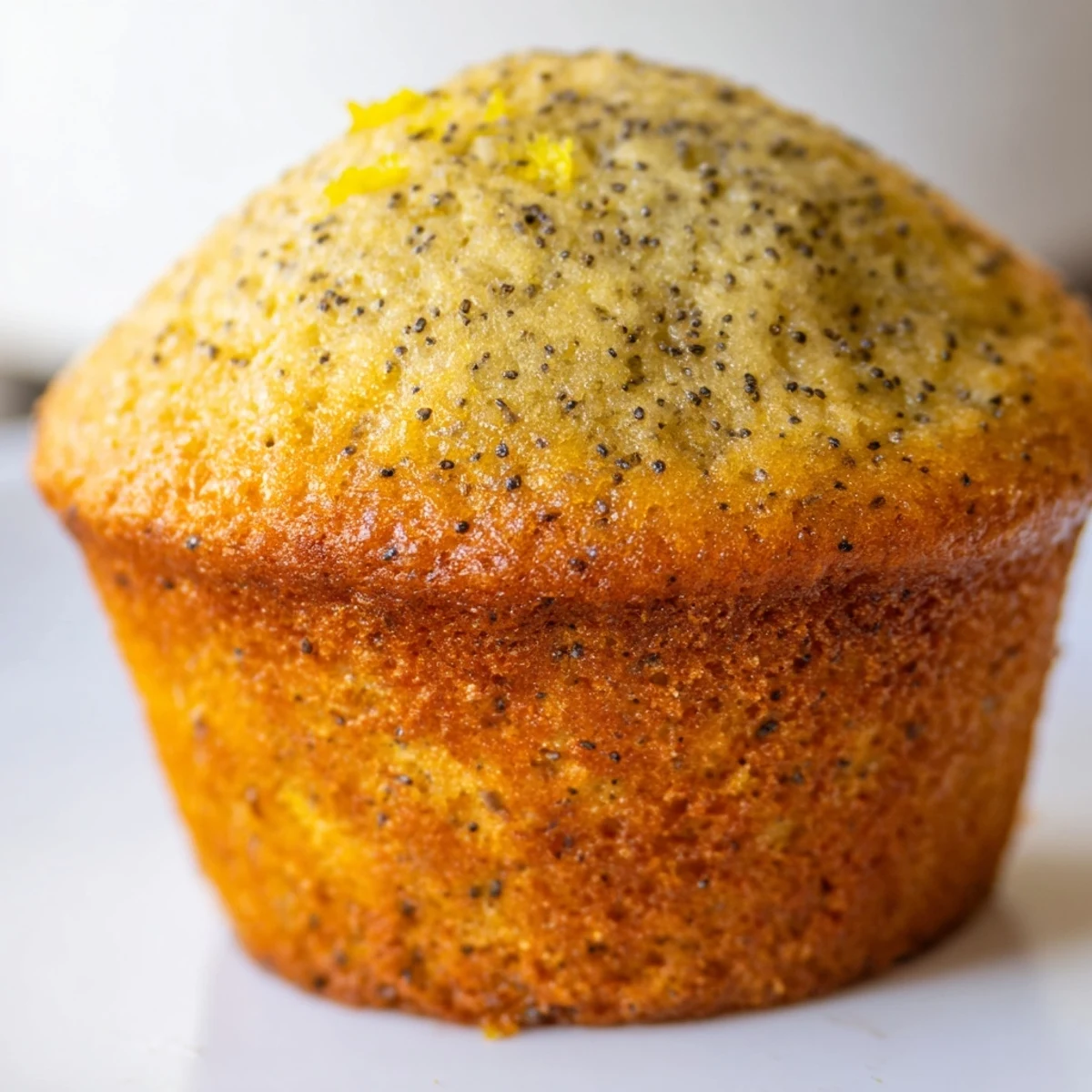 Golden lemon poppy seed muffins with domed tops fresh from the oven on a cooling rack