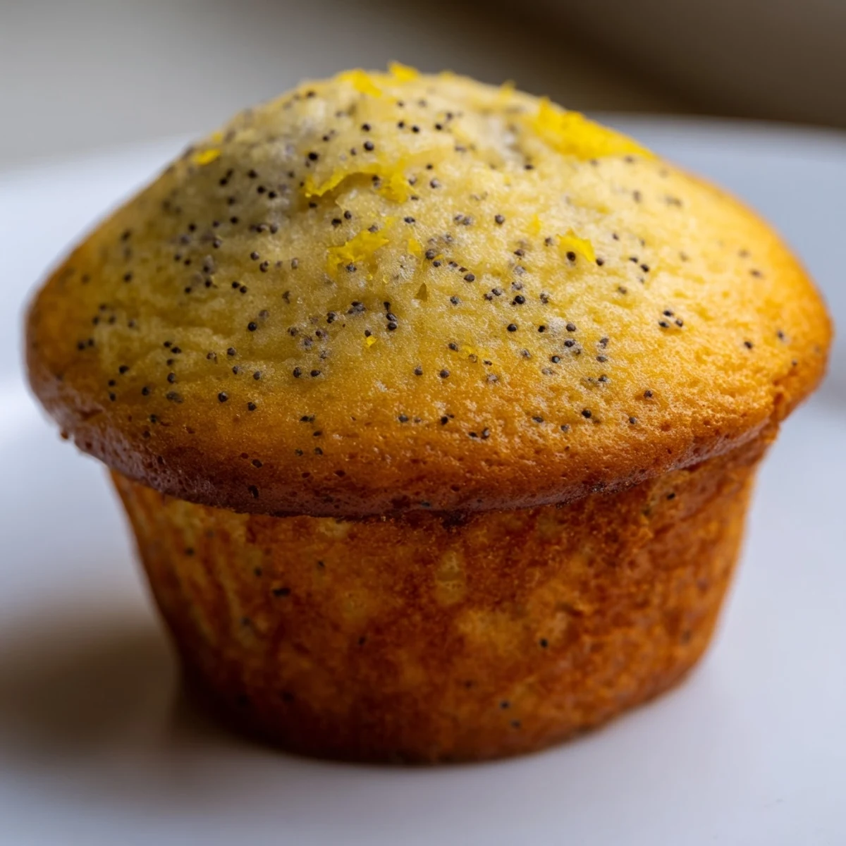 Moist lemon poppy seed muffins speckled with zest beside a cup of hot tea