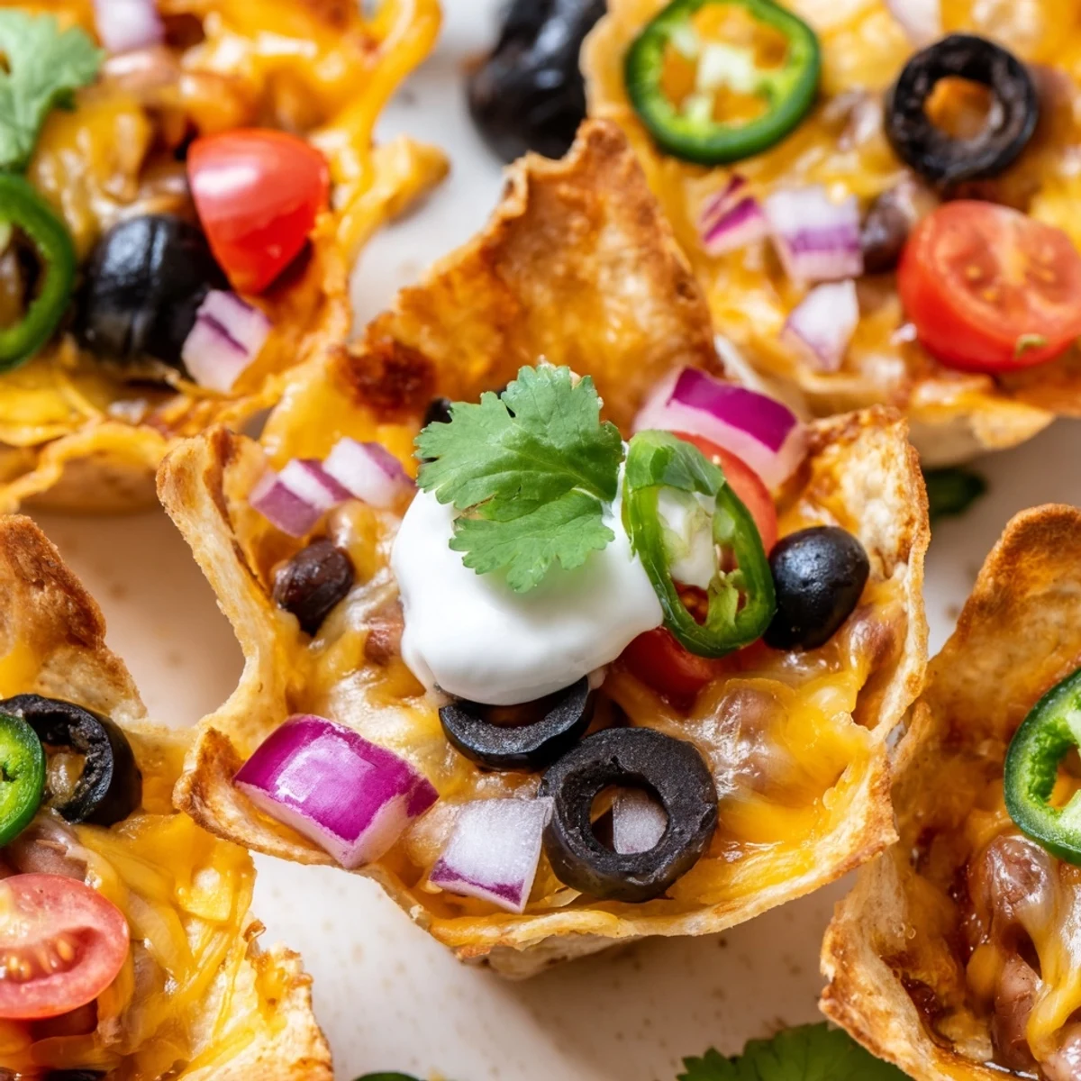 Golden cheesy nacho cups bubbling with melted cheddar and colorful fresh toppings in mini muffin tin
