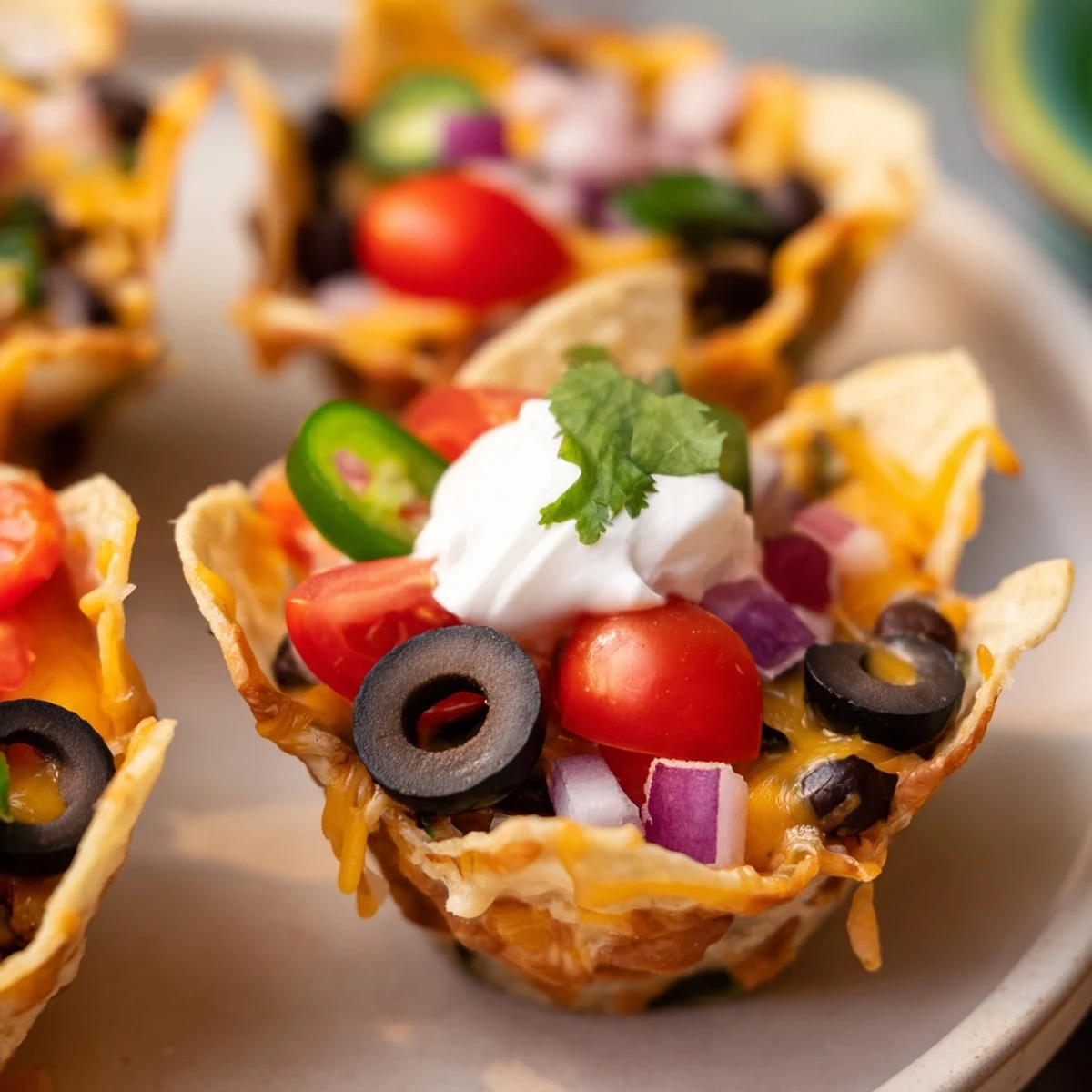 Crispy tortilla scoop chips overflowing with gooey Monterey Jack cheese beans and zesty jalapeño slices
