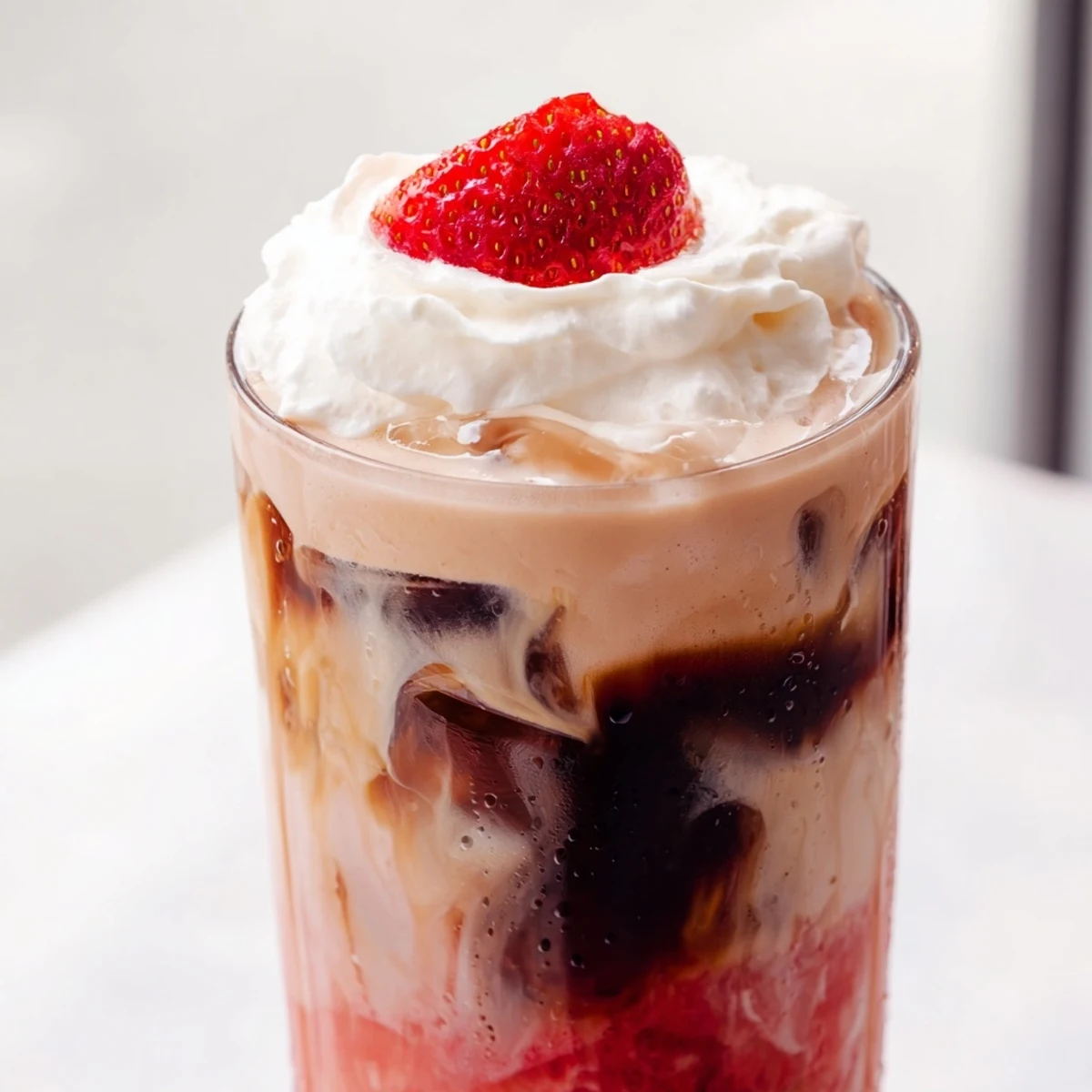 Creamy strawberry cold latte in a tall glass with swirled pink layers and ice