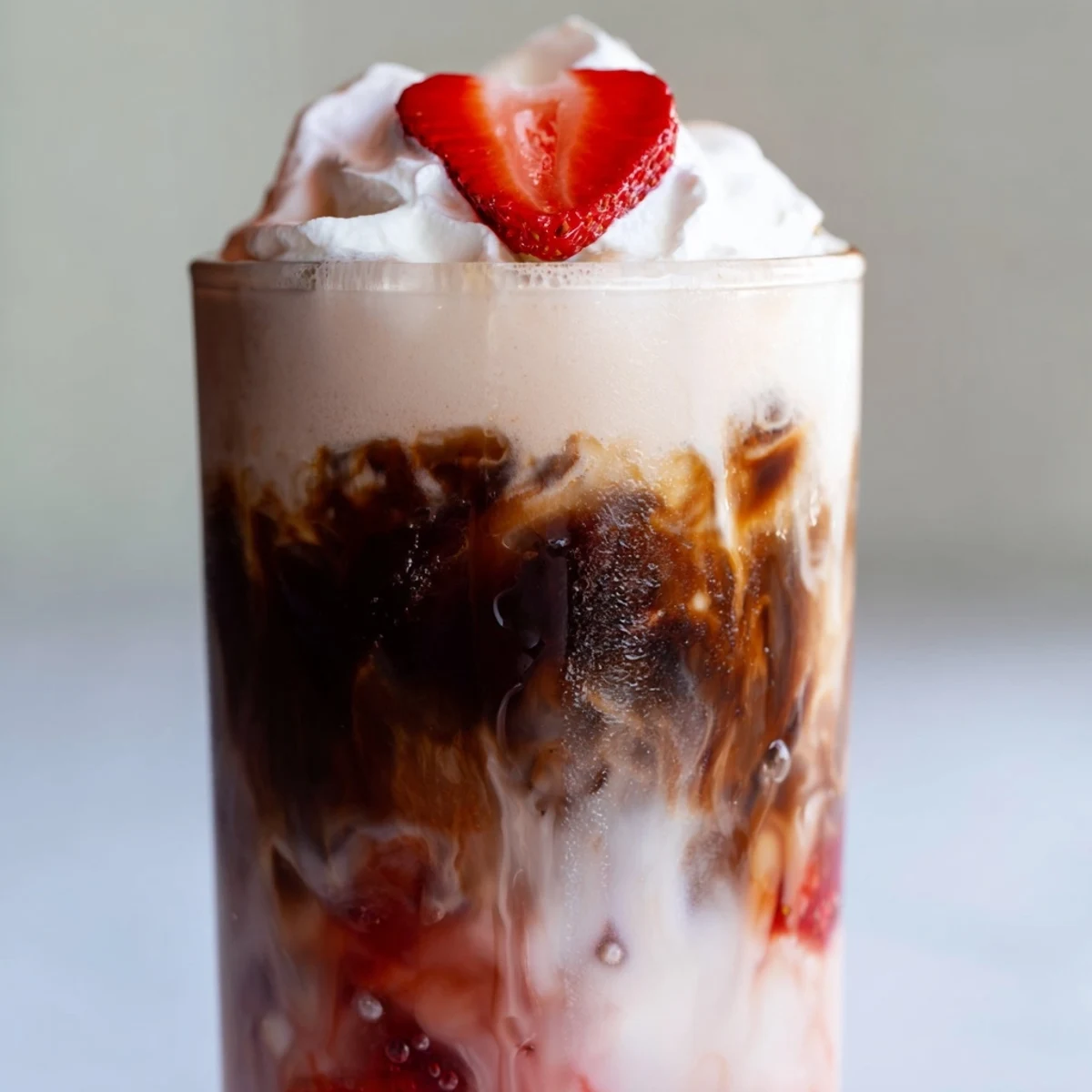 Iced strawberry cream latte topped with fluffy whipped cream and fresh berry garnish