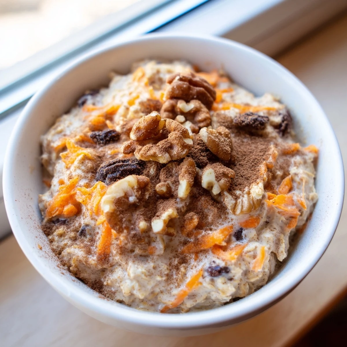Creamy carrot cake overnight oats in a mason jar topped with chopped walnuts and cinnamon sprinkles