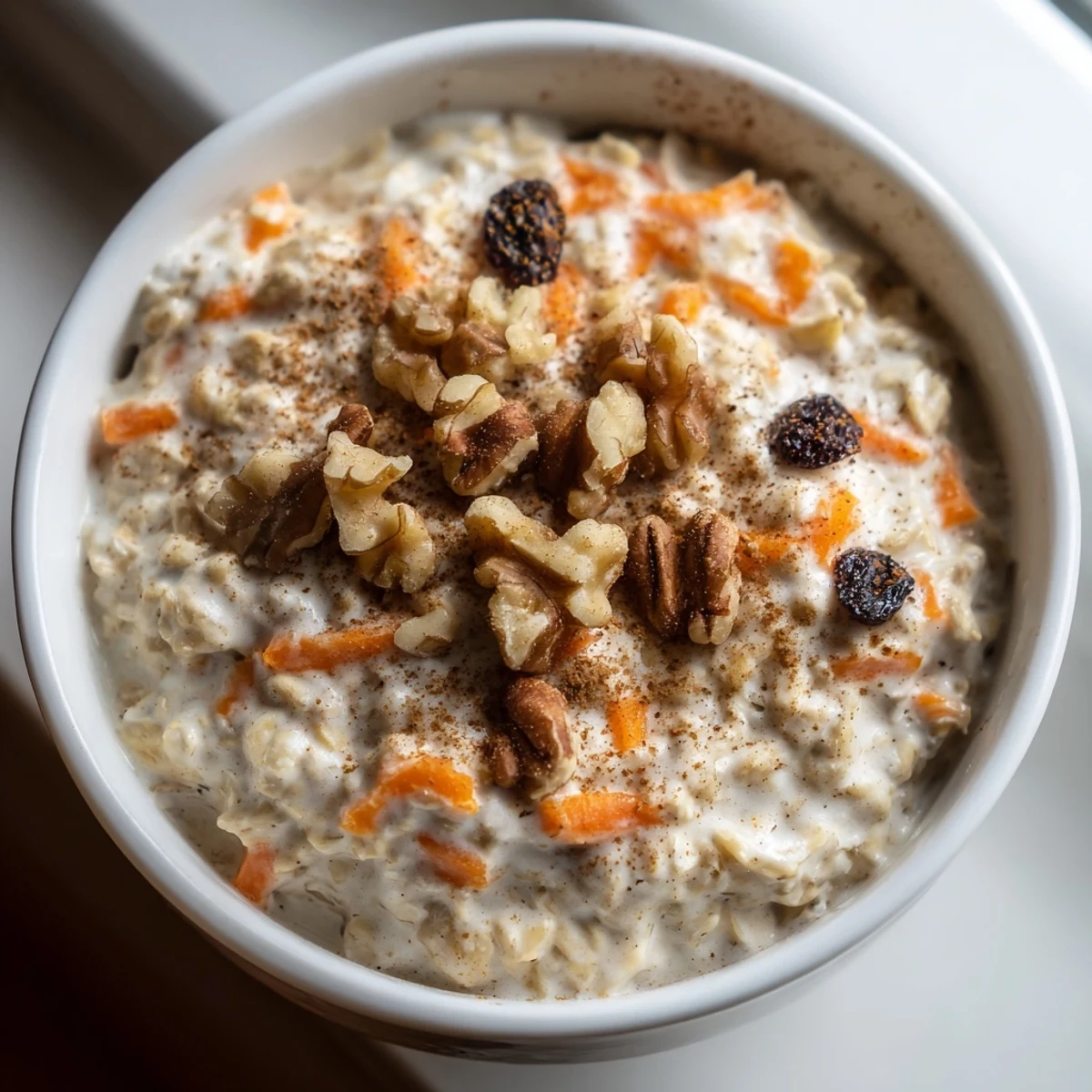 Carrot cake overnight oats with grated carrots, plump raisins, and crunchy pecan garnish ready to eat