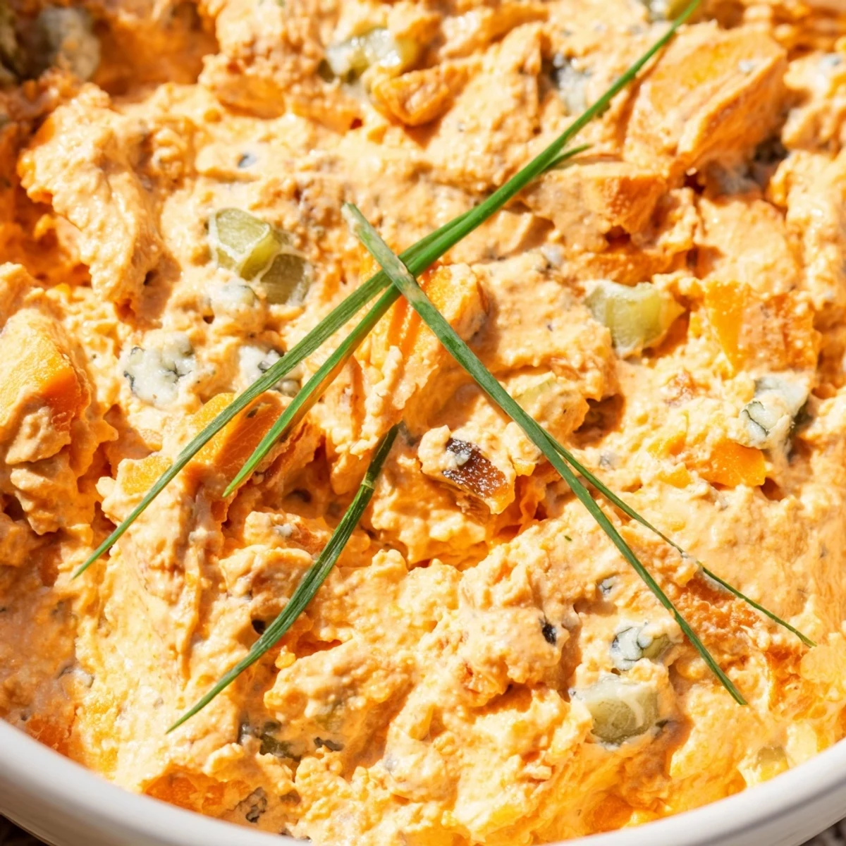 Creamy buffalo pickle dip in a bowl with pickle slices and fresh chives on top