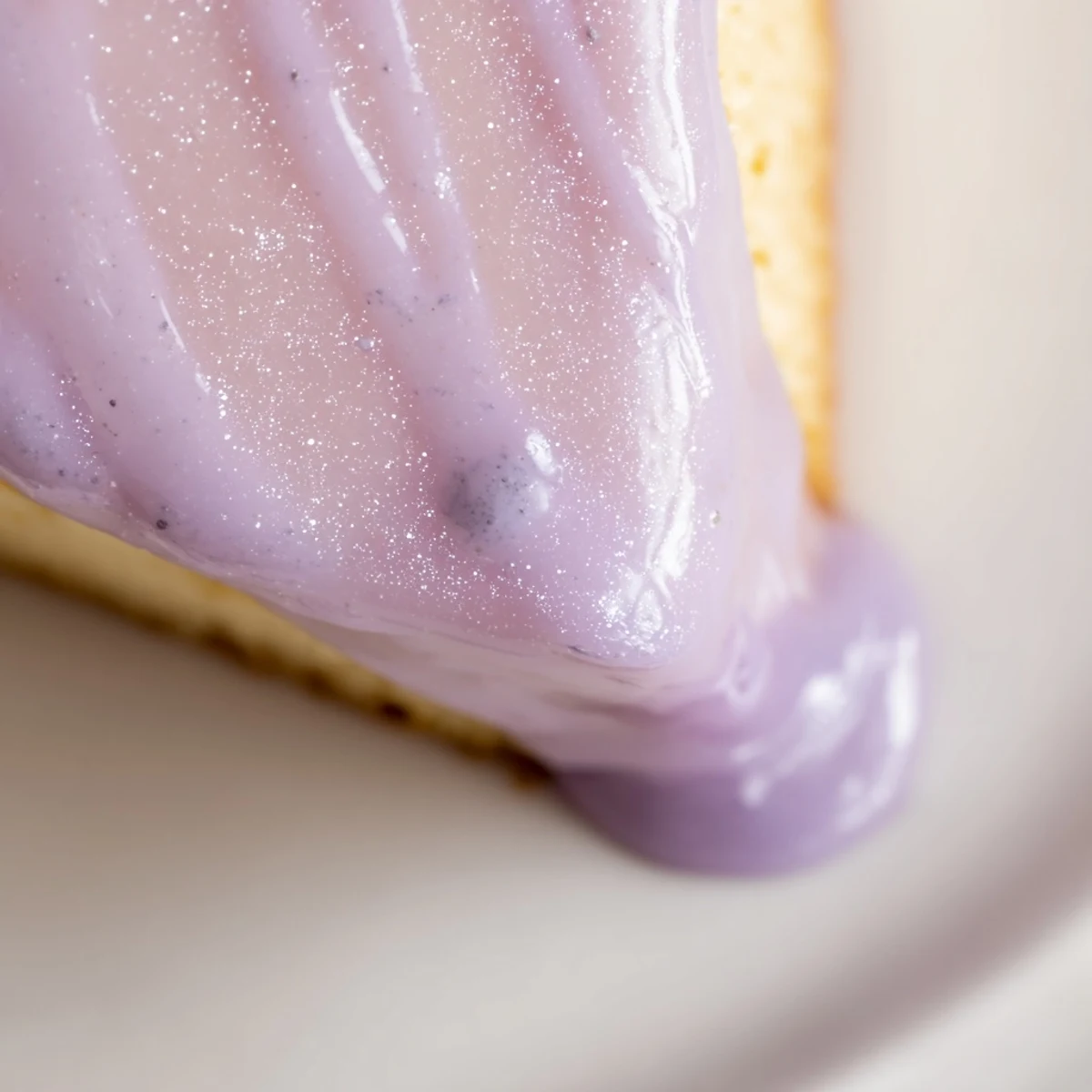 Smooth lavender glaze cascading down a golden pound cake with delicate purple flecks