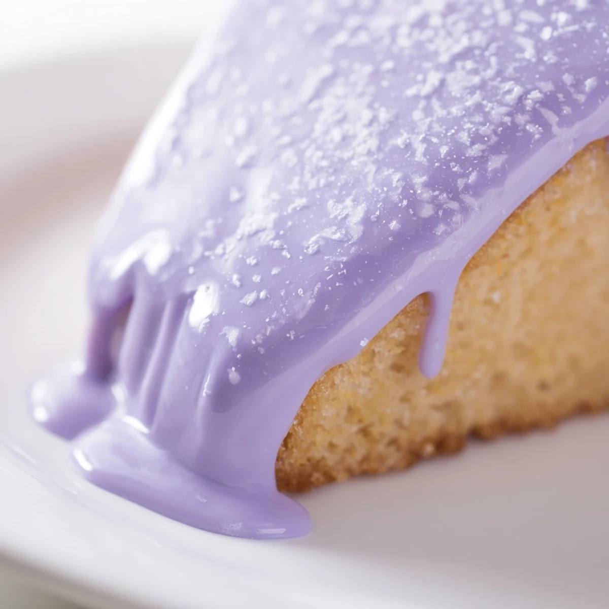 Glossy lavender glaze pooled on a white ceramic spoon ready for drizzling
