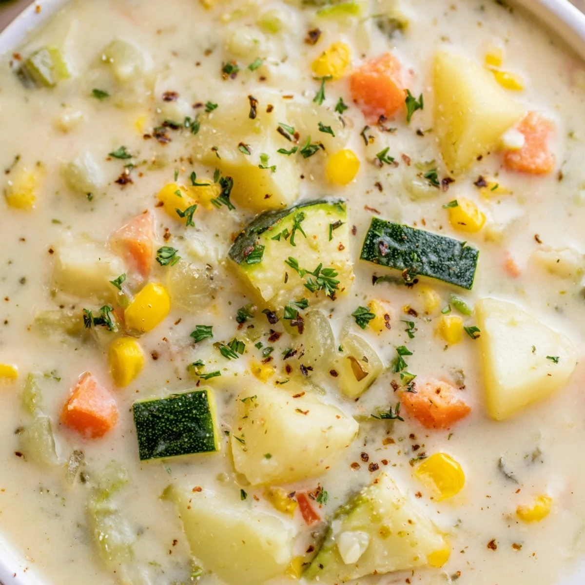 Creamy potato corn zucchini soup served steaming in a rustic bowl with fresh parsley garnish