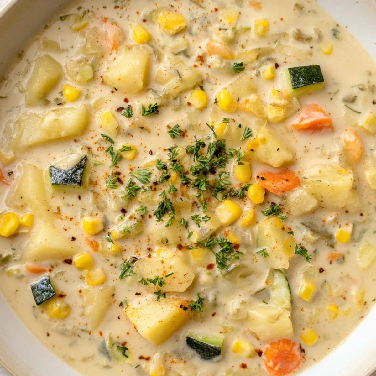 Hearty potato corn zucchini soup loaded with tender vegetables in a thick, comforting broth