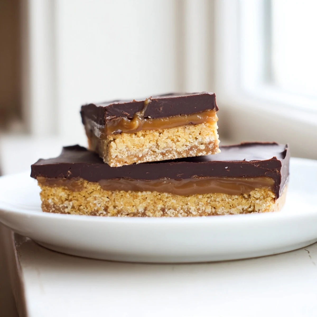 Golden healthy Twix bars with glossy chocolate topping and sticky date caramel layer